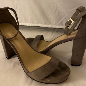 Grey suede strap heel sandals